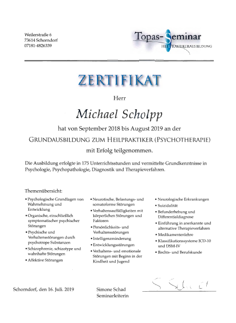 Zertifikat Heilpraktiker/Psychotherapie