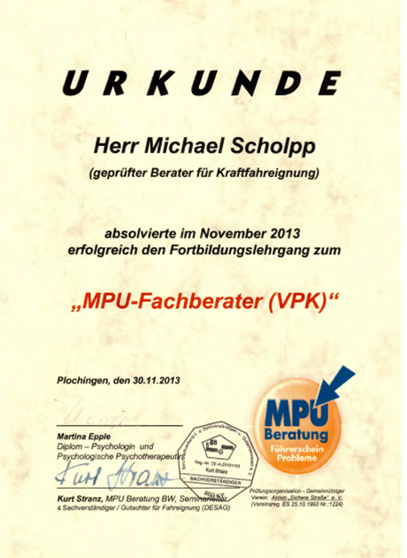 Zertifikat MPU Fachberater