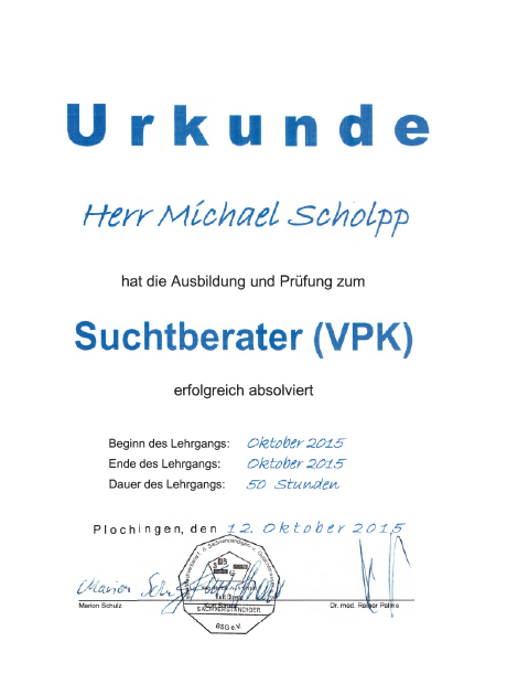 Zertifikat Suchtberater (VPK)